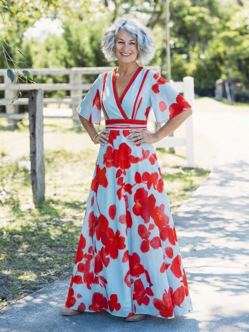 Coline - V-Neck Short Sleeve Floral Maxi Dress