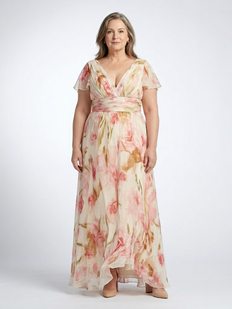 Stef - V-Neck Short Sleeve Floral Maxi Dress