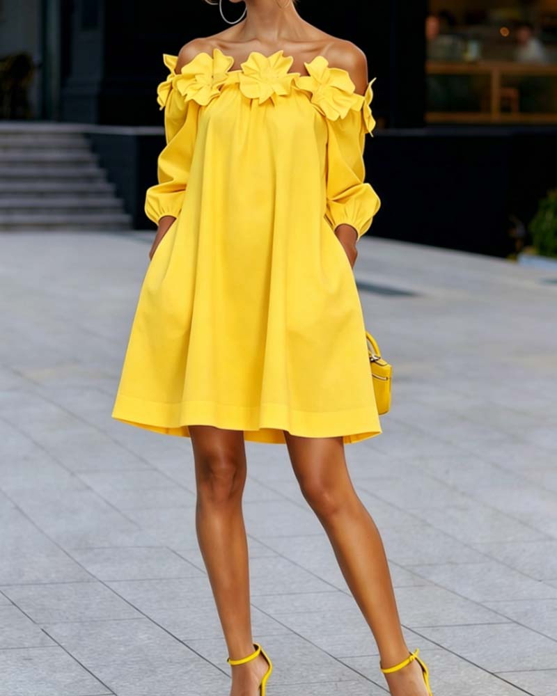 Normie - Elegant Off-Shoulder Floral Accent Dress