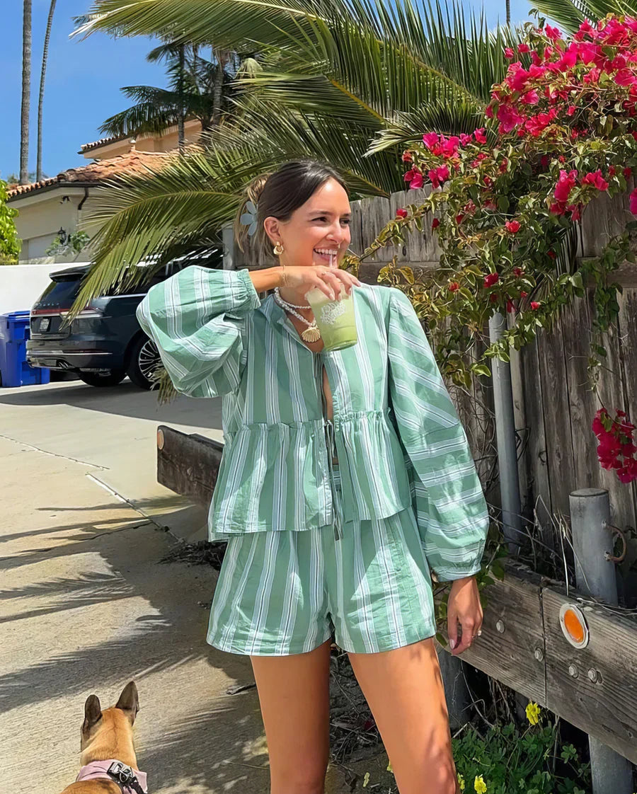 Arizza – Striped Summer Set with Puff Sleeve Top and Shorts Set