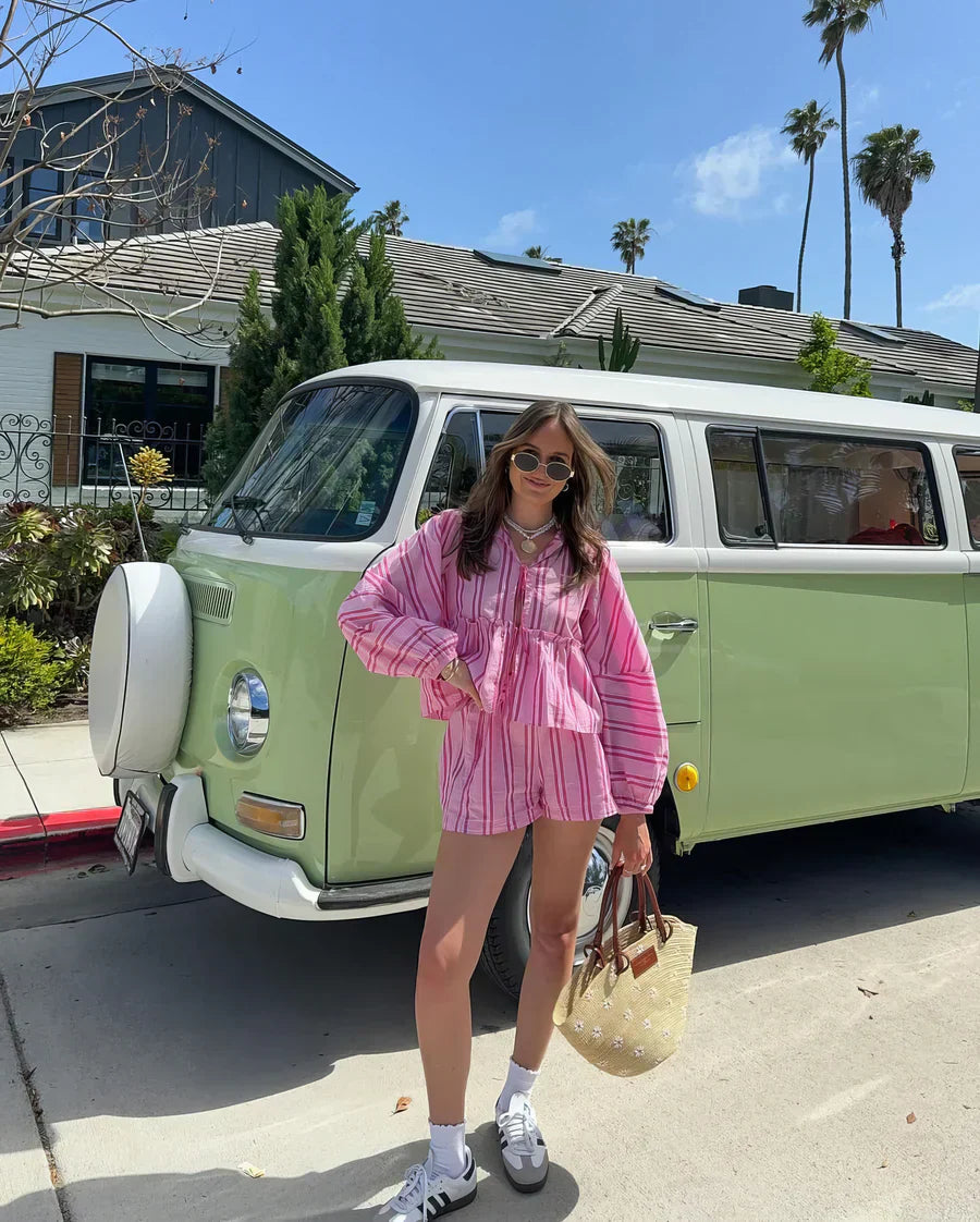 Arizza – Striped Summer Set with Puff Sleeve Top and Shorts Set