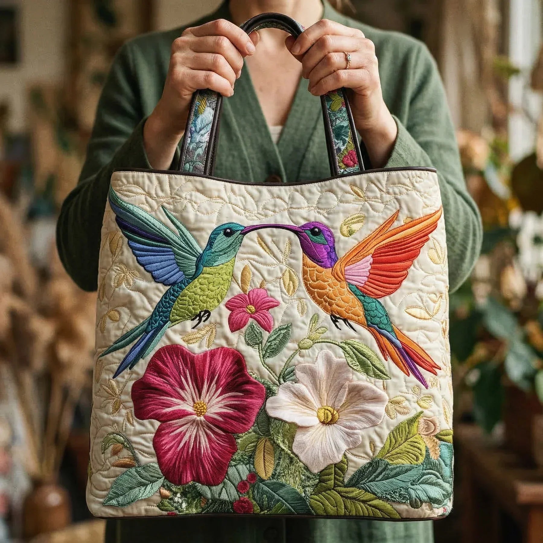 Belle – Hummingbird and White Flowers Quilted Tote Bag