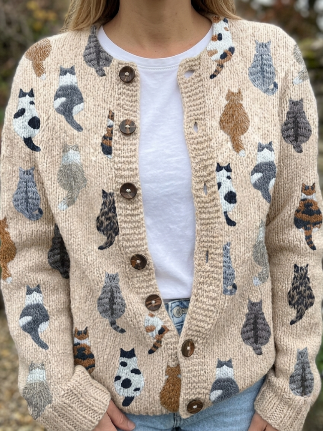 Brooke - Cozy Cat Print Cardigan