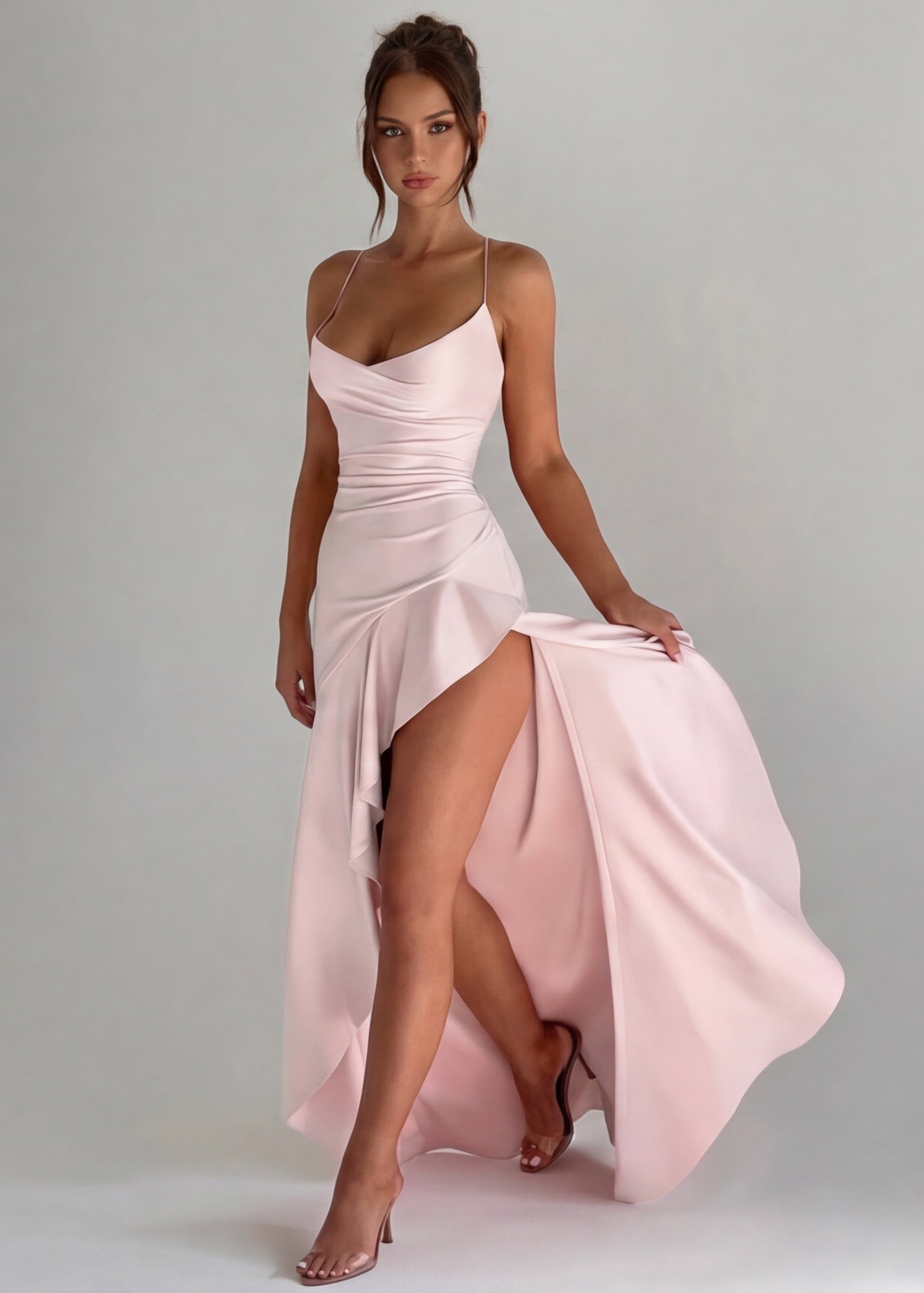 Kitty - Sculpting Satin Evening Gown With Thigh Split