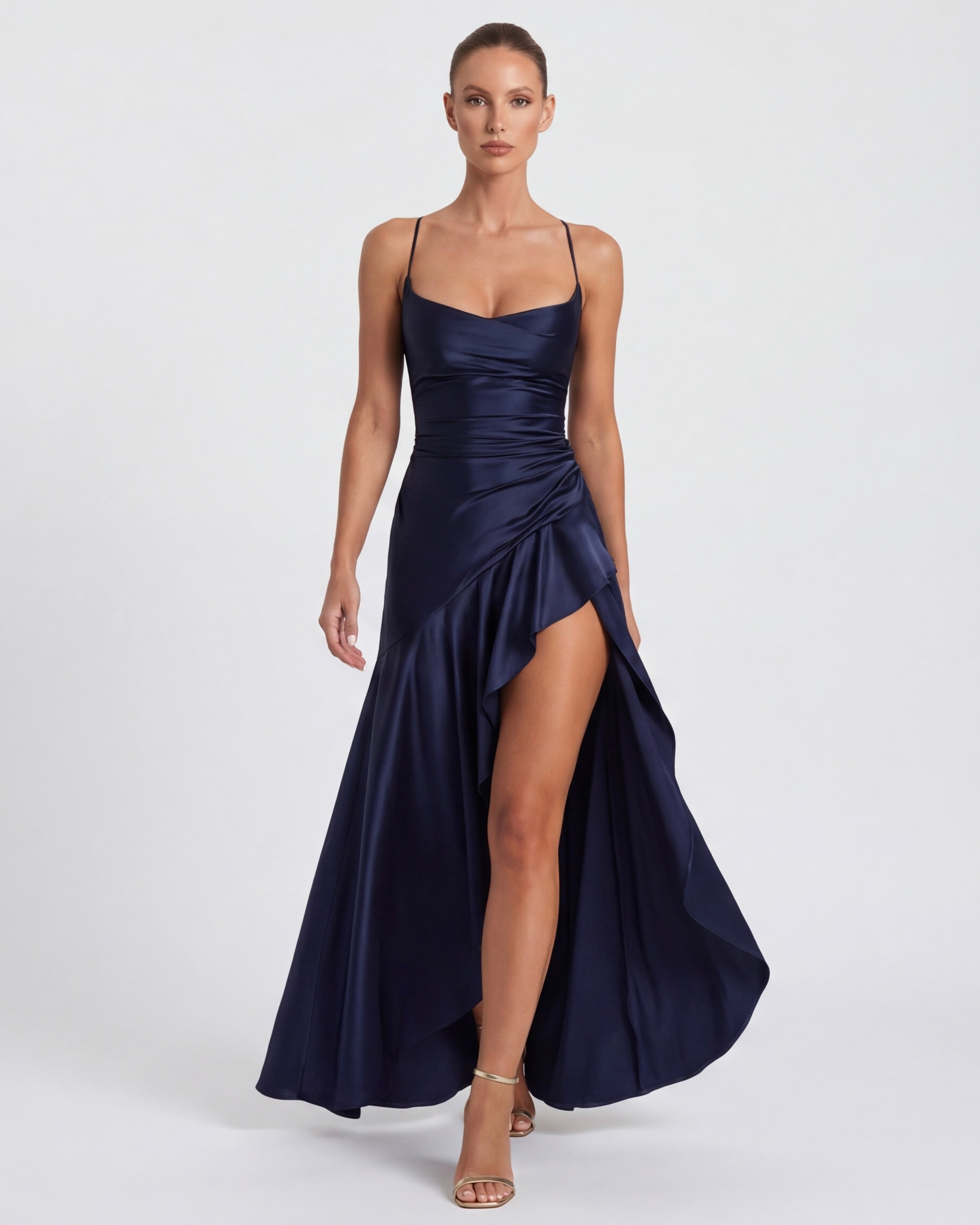 Kitty - Sculpting Satin Evening Gown With Thigh Split