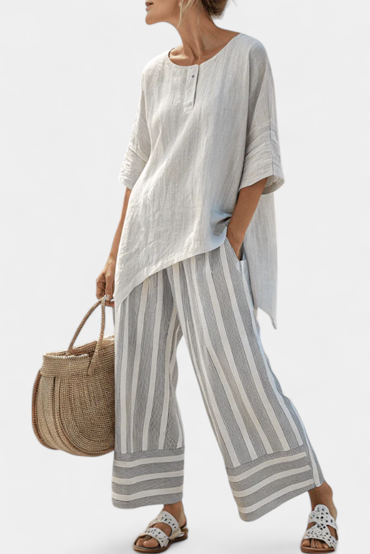 Freya – Elegant Asymmetrical Blouse and Striped Pants