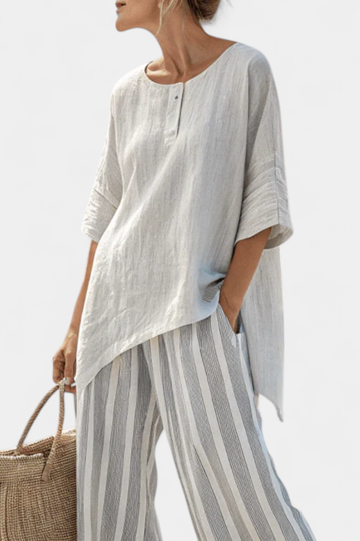 Freya – Elegant Asymmetrical Blouse and Striped Pants