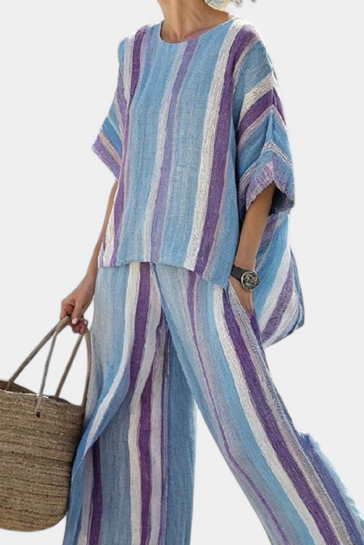 Jenn – Elegant Mauve Pastel Top and Striped Linen Pants