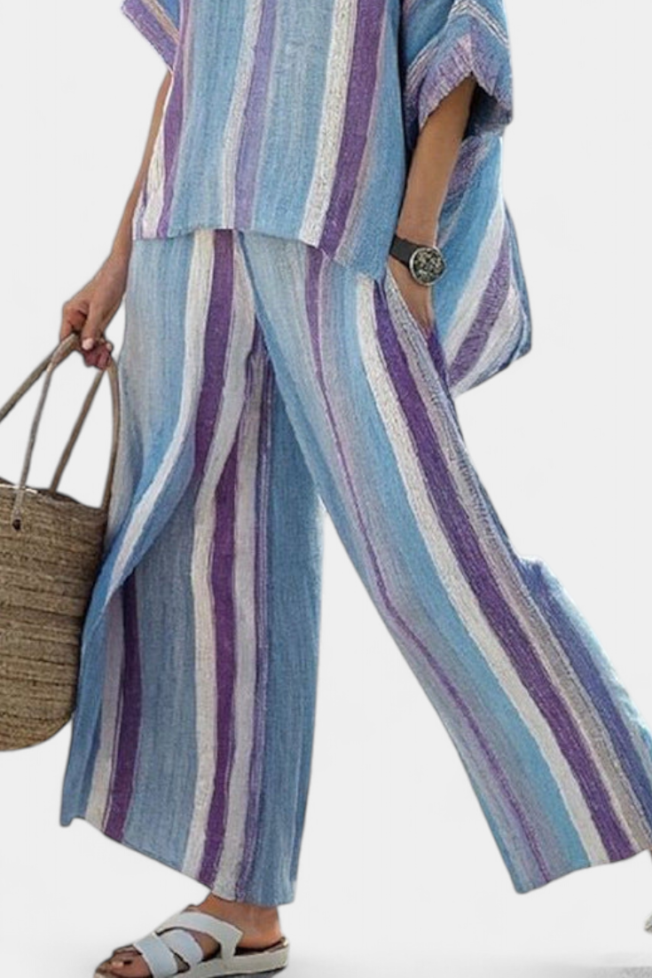 Jenn – Elegant Mauve Pastel Top and Striped Linen Pants