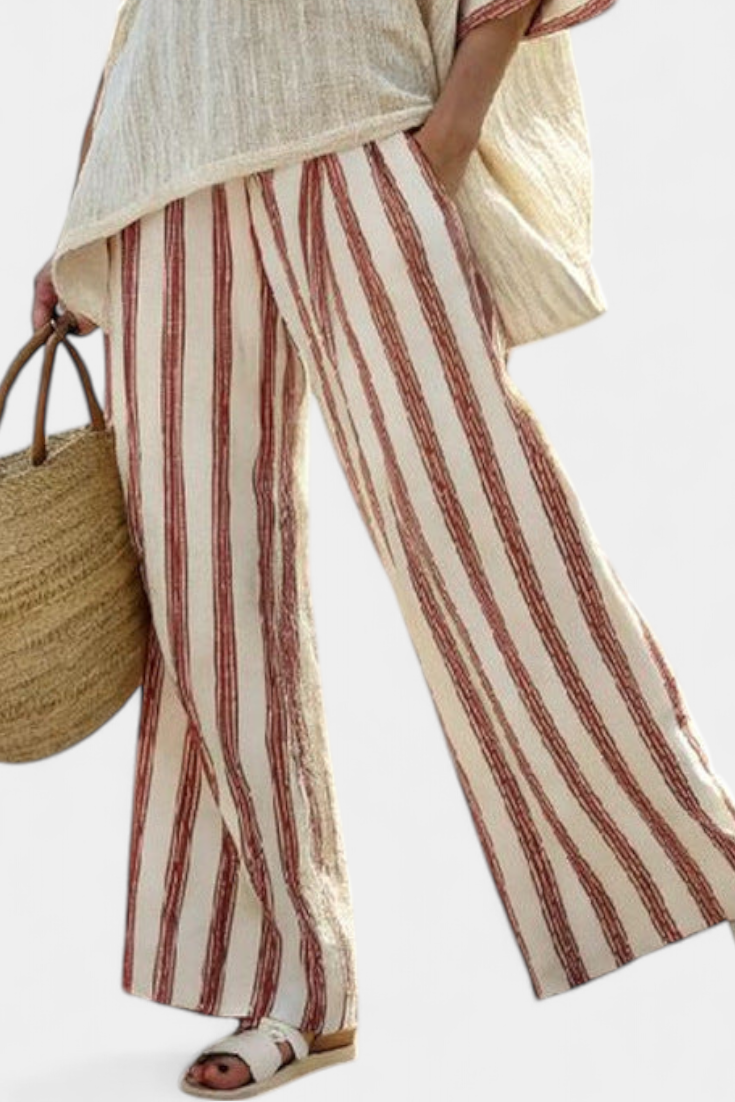 Linda – Elegant Rustic Striped Top and Cream Linen Pants