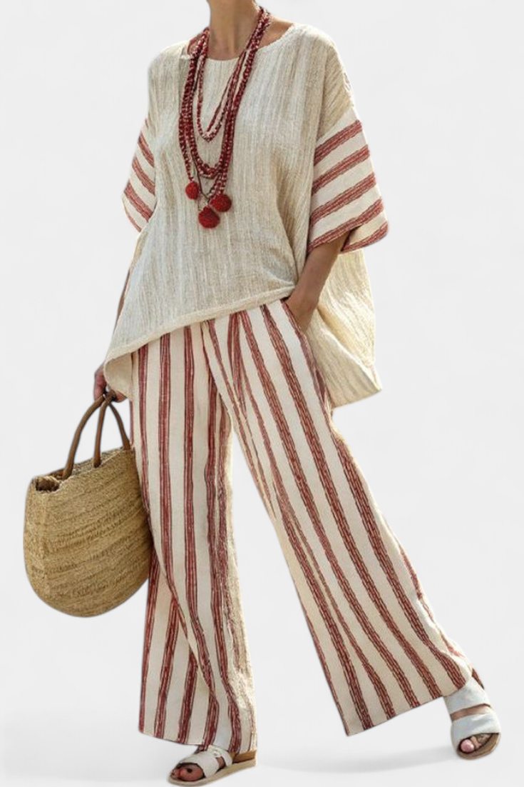 Linda – Elegant Rustic Striped Top and Cream Linen Pants