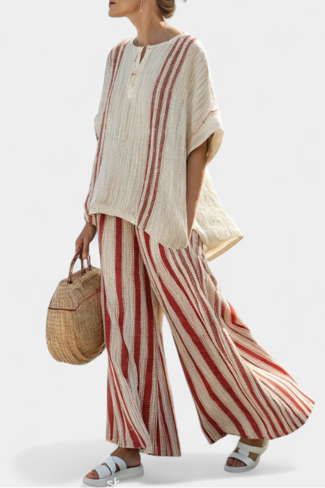 Mira – Structured Red Striped Top and Linen Pants