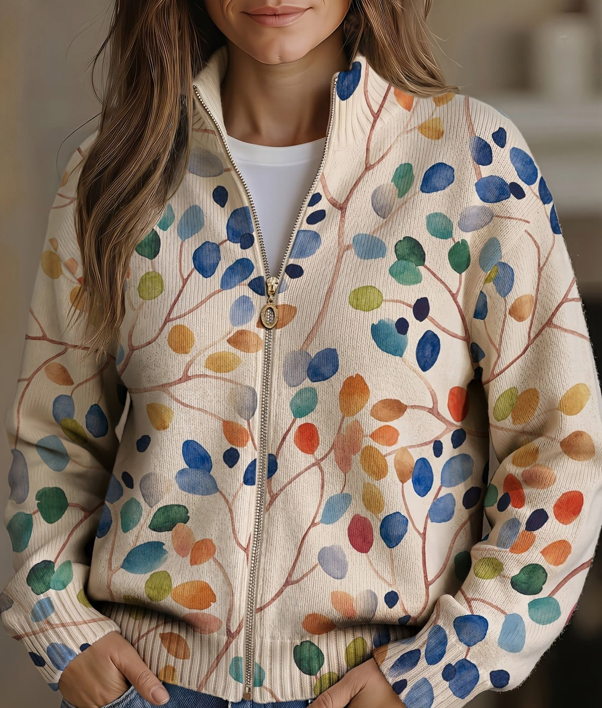 Amelie - Botanical Leaf Print Zip Cardigan