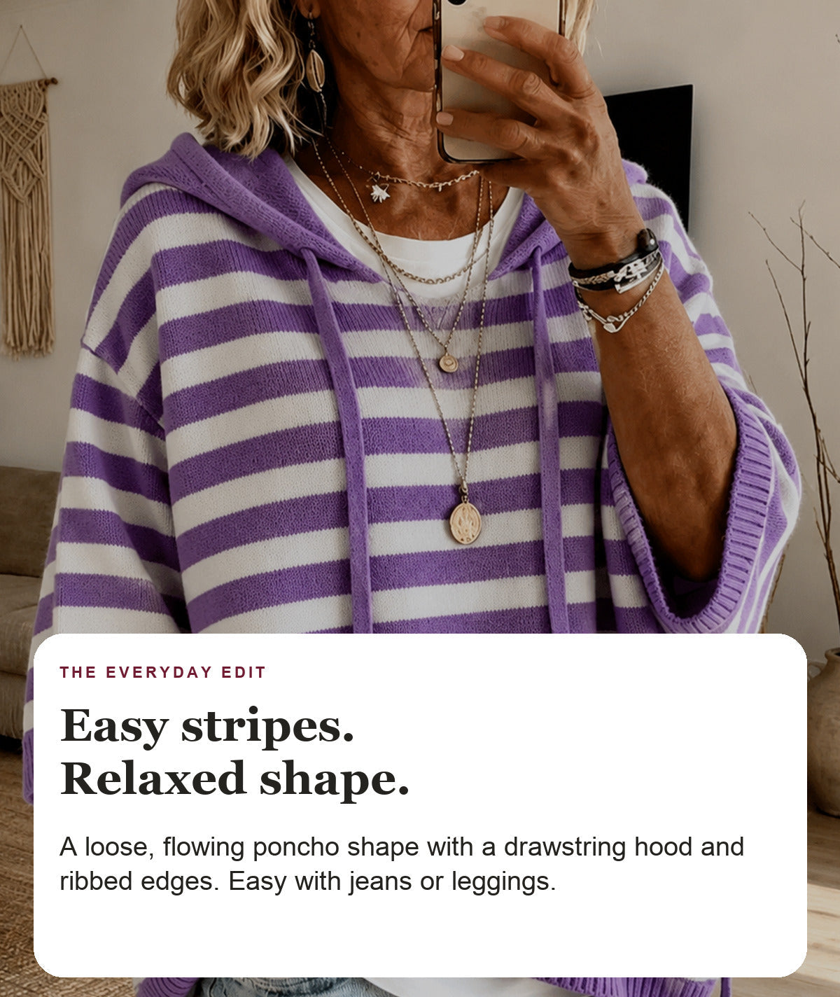 Gemma - Purple Striped Hooded Poncho Sweater