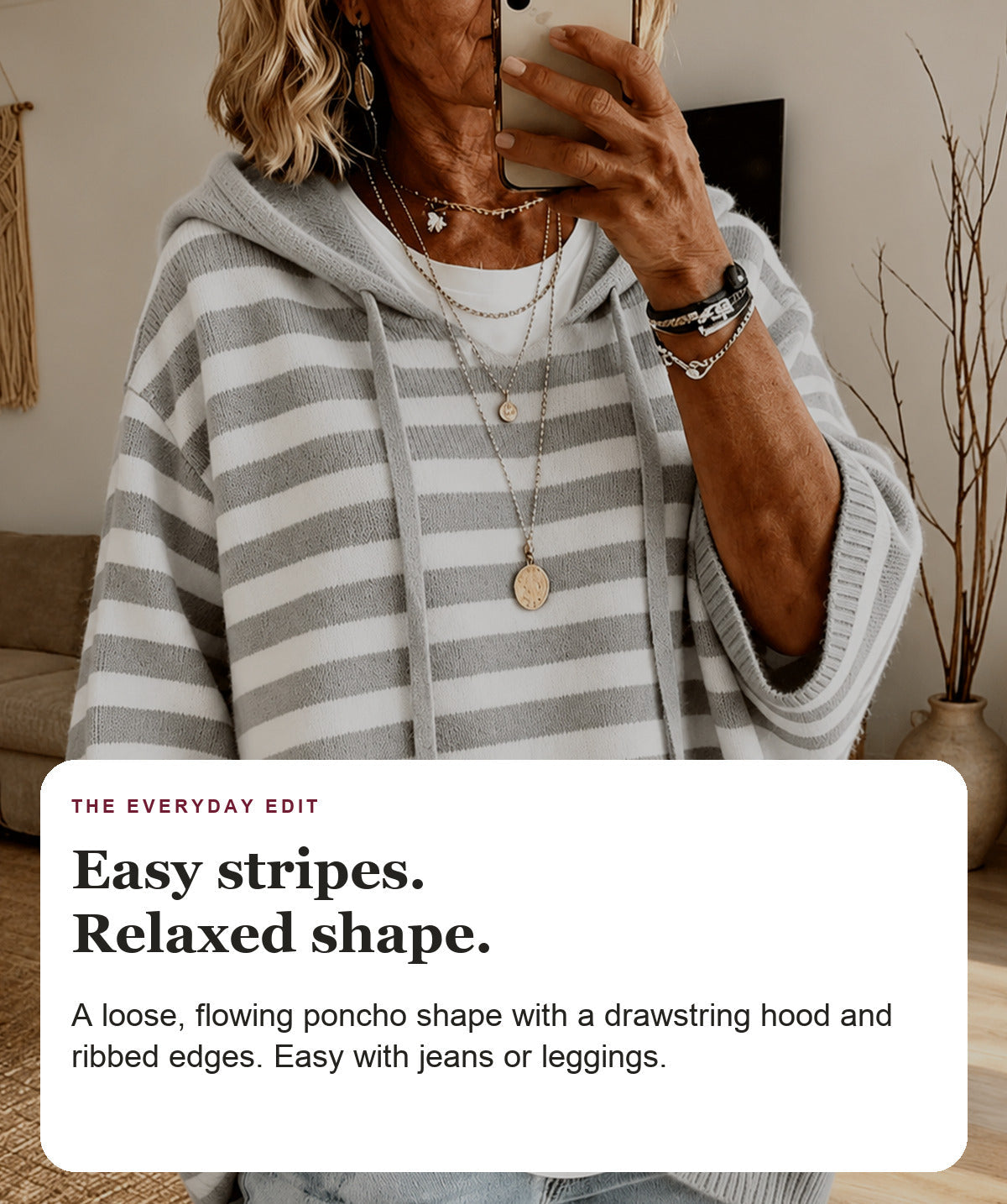 Kailey - Gray Striped Hooded Poncho Sweater