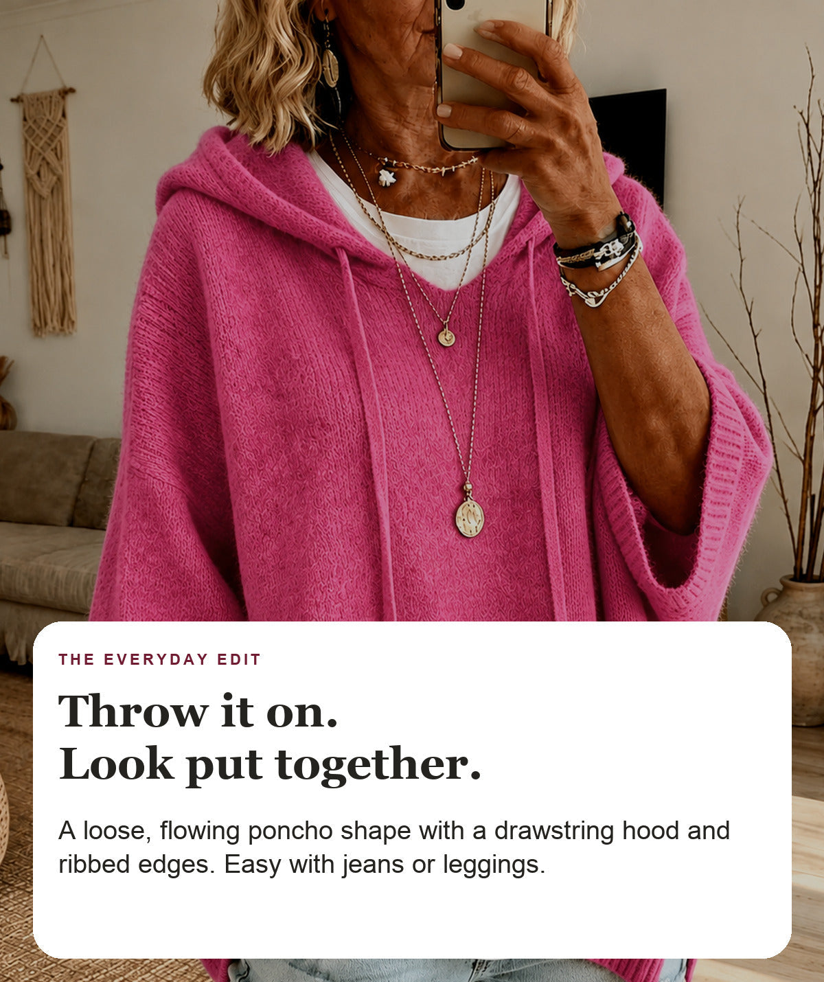 Cora - Pink Hooded Poncho Sweater