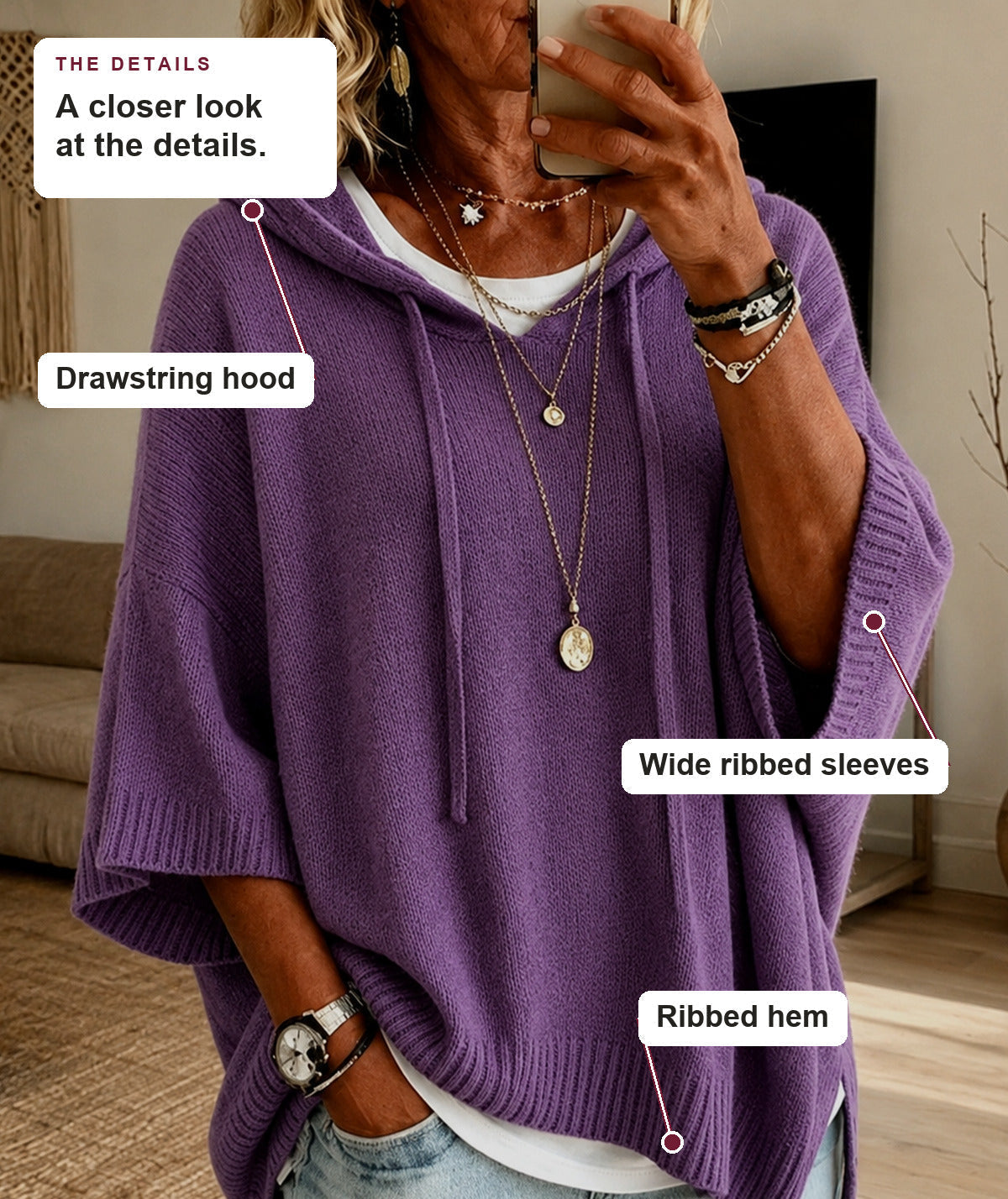 Lexley - Purple Hooded Poncho Sweater