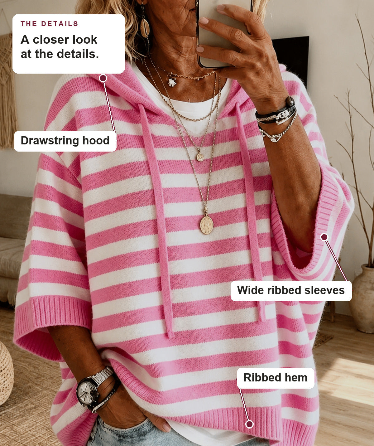 Camille - Pink Striped Hooded Poncho Sweater