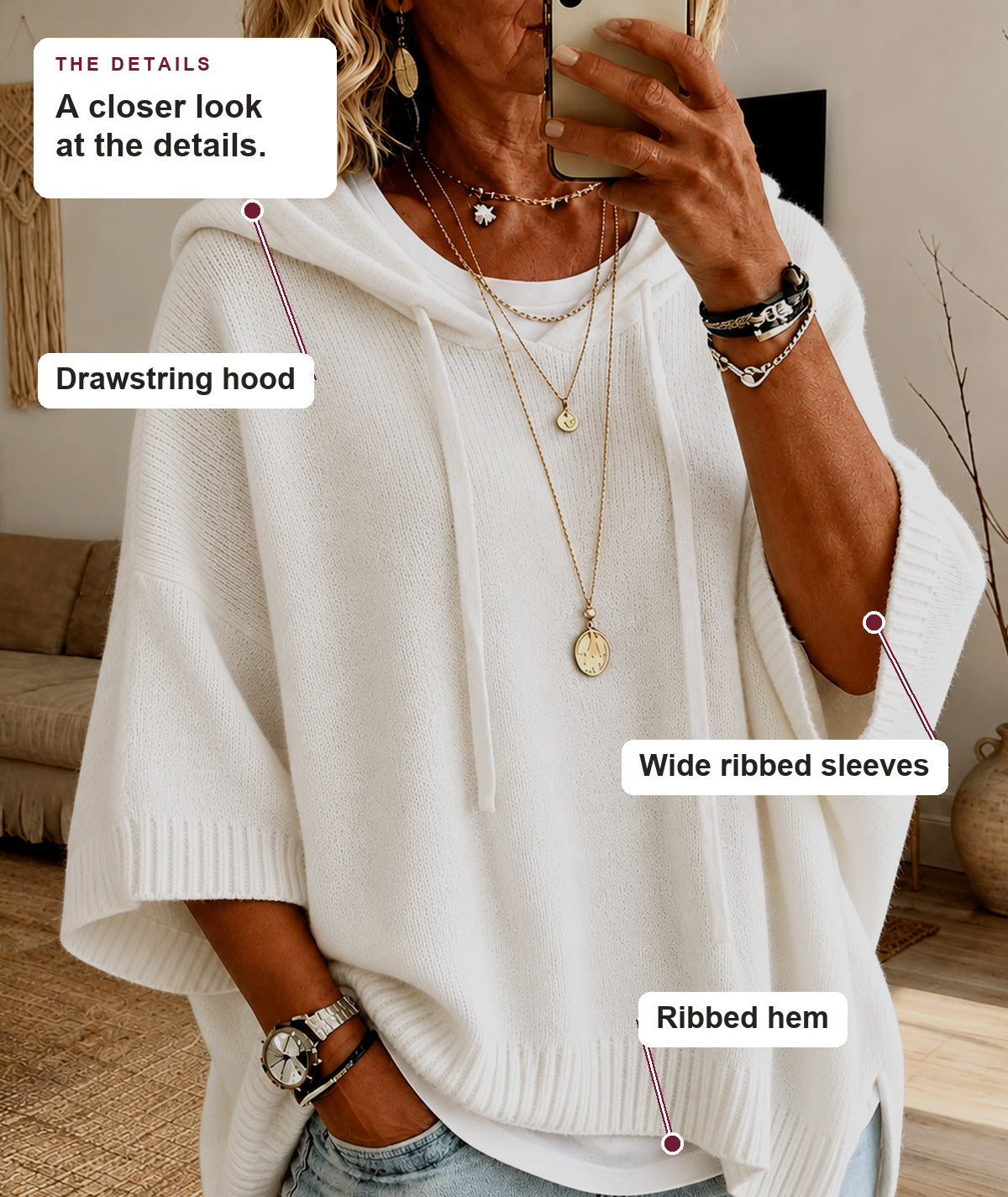 Thea - White Hooded Poncho Sweater