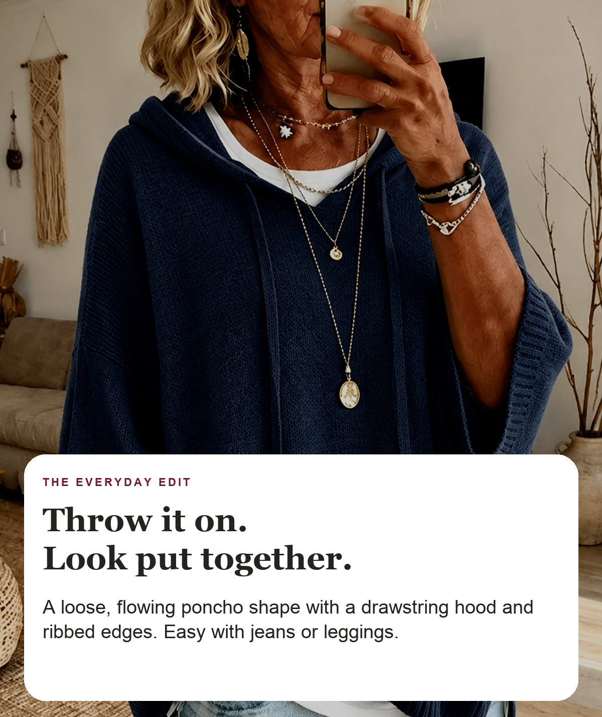 Alena - Navy Blue Hooded Poncho Sweater