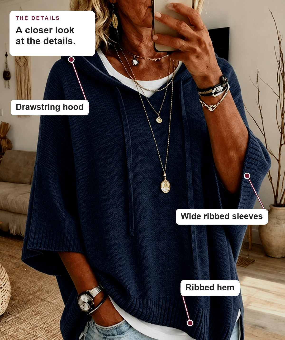 Alena - Navy Blue Hooded Poncho Sweater