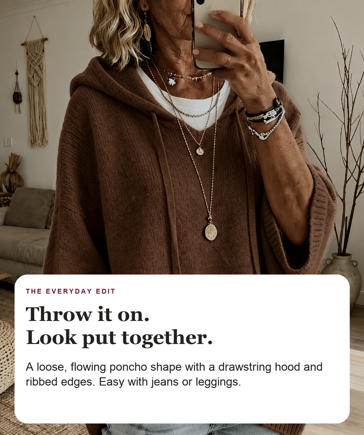 Ember - Brown Hooded Poncho Sweater