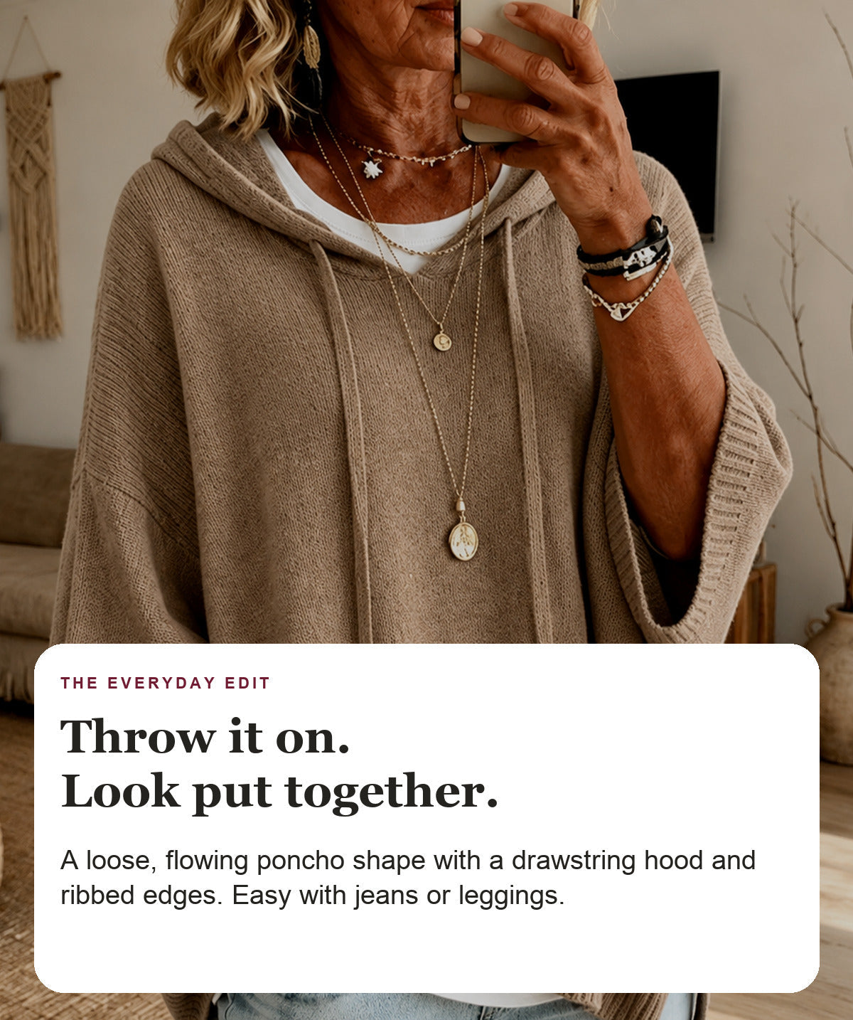 Marleigh - Taupe Hooded Poncho Sweater