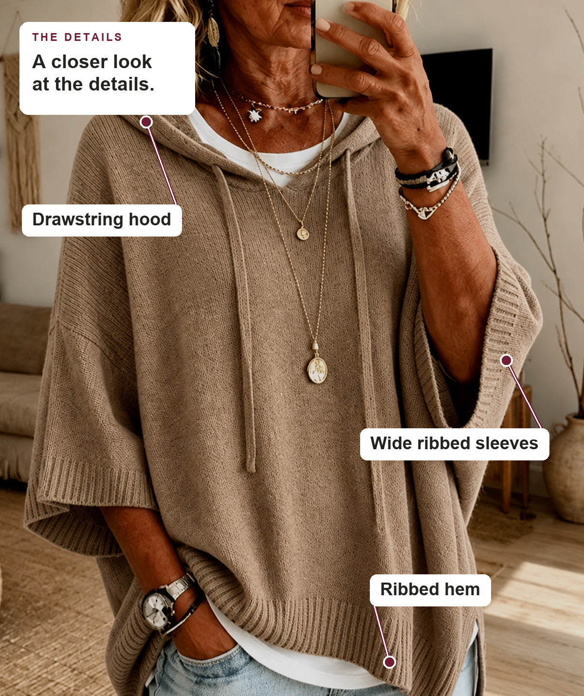 Marleigh - Taupe Hooded Poncho Sweater