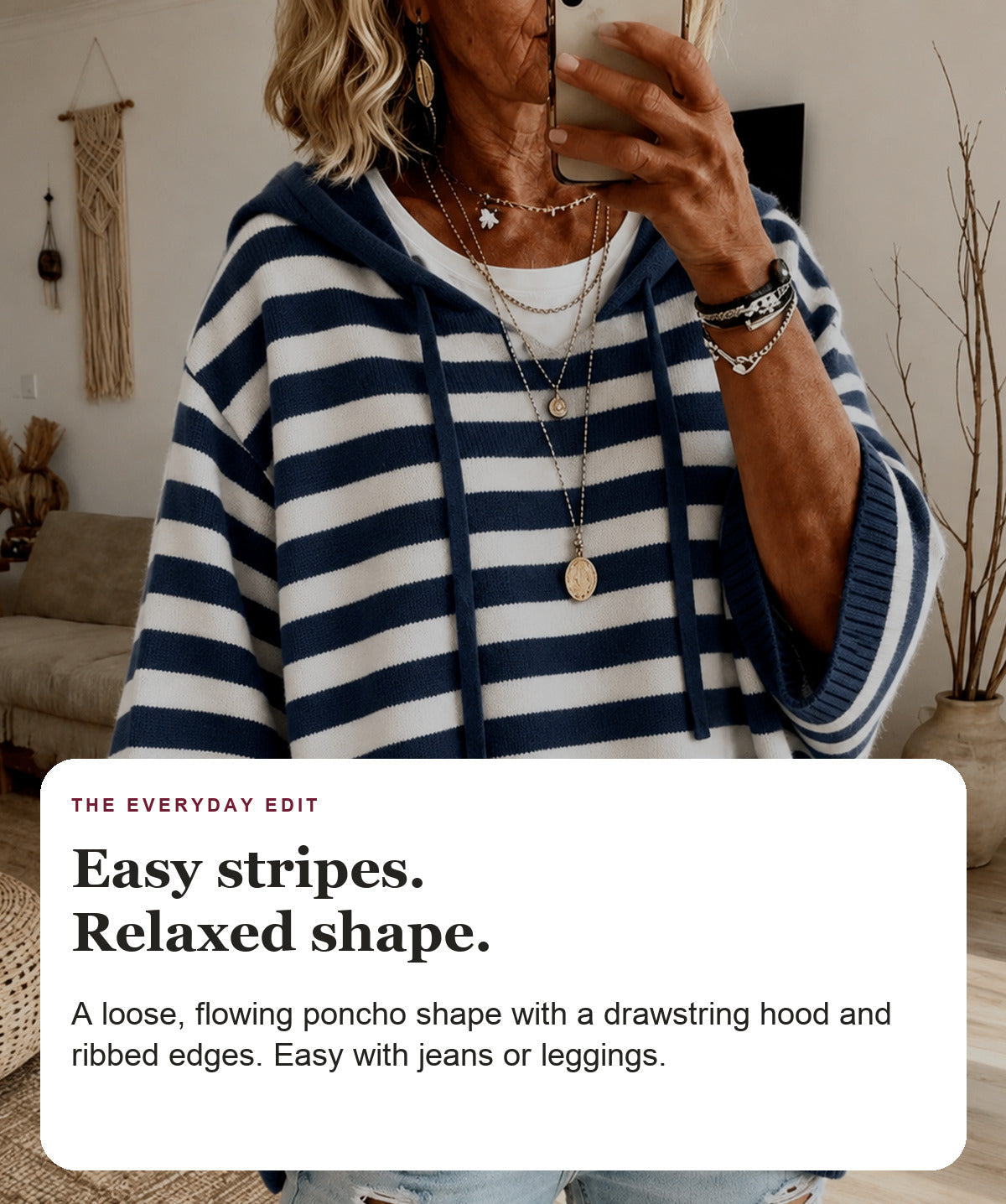 Marine - Navy Blue Striped Hooded Poncho Sweater
