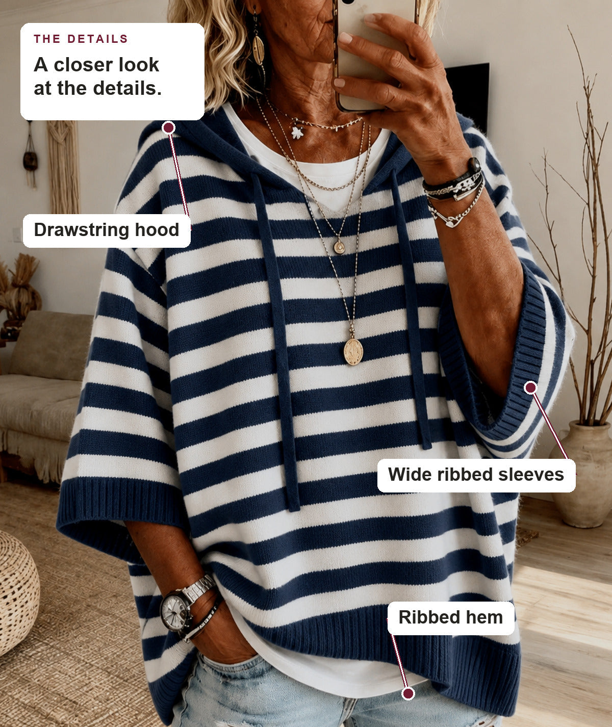 Marine - Navy Blue Striped Hooded Poncho Sweater