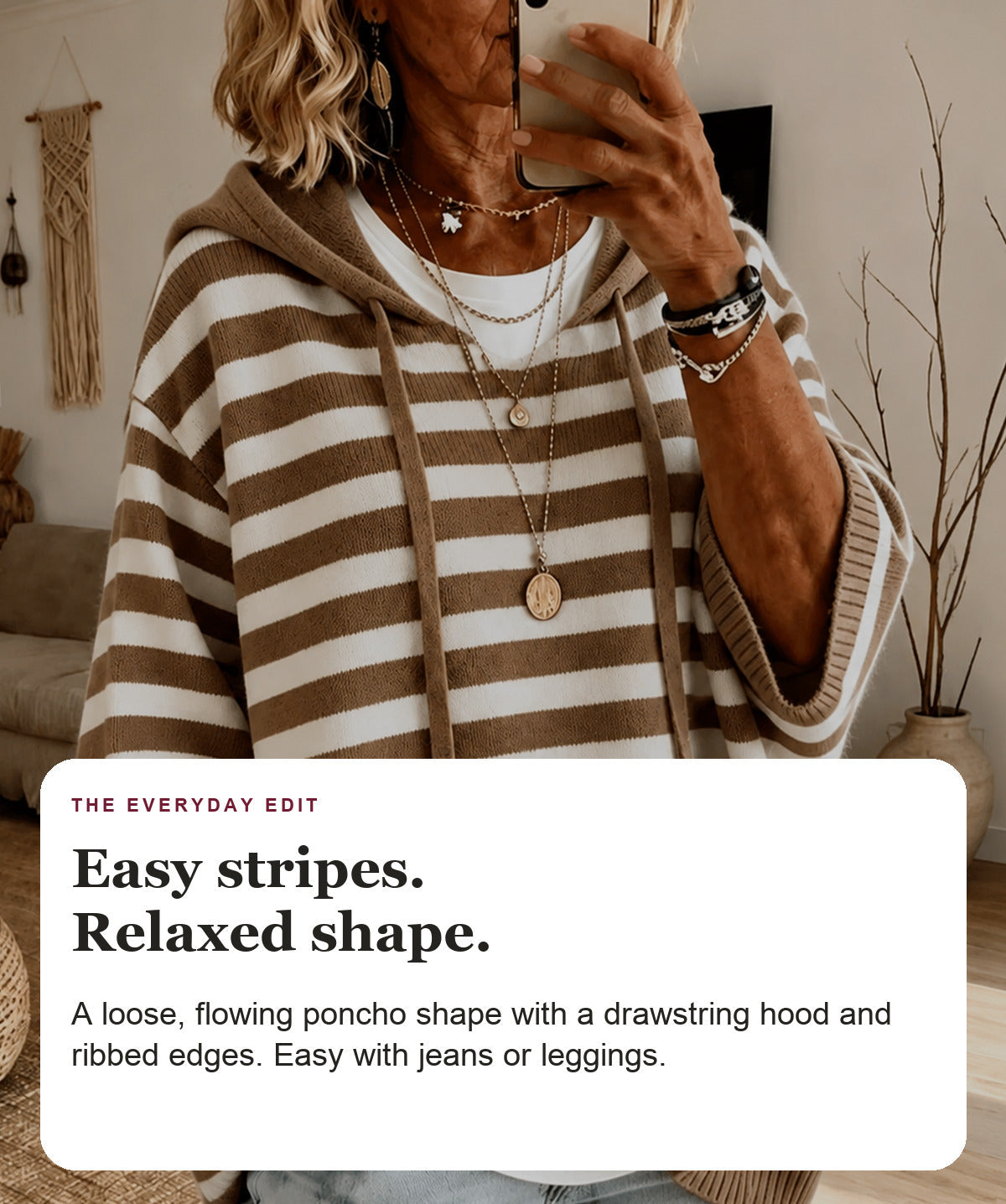 Hazel - Taupe Striped Hooded Poncho Sweater