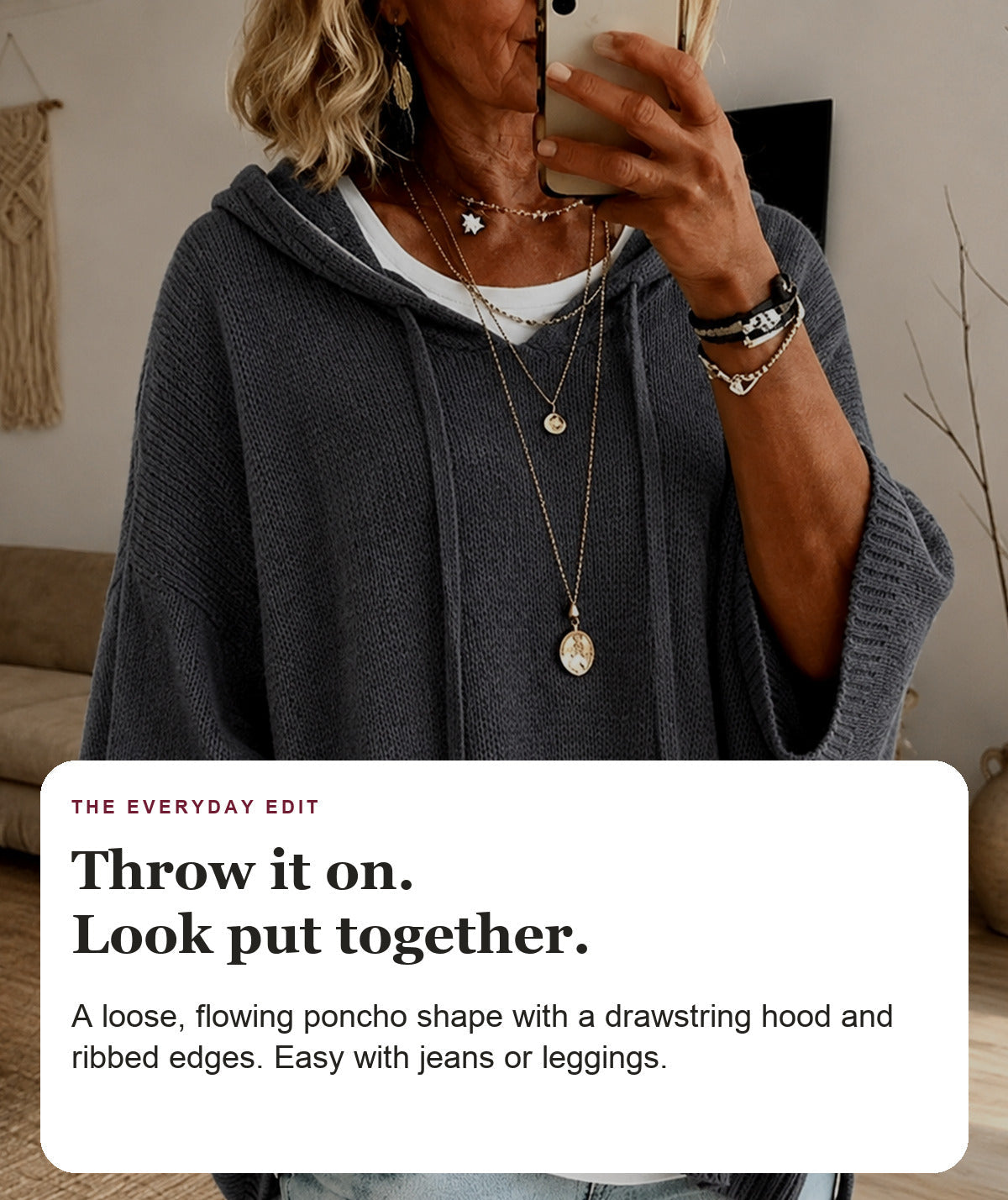 Paola - Charcoal Hooded Poncho Sweater