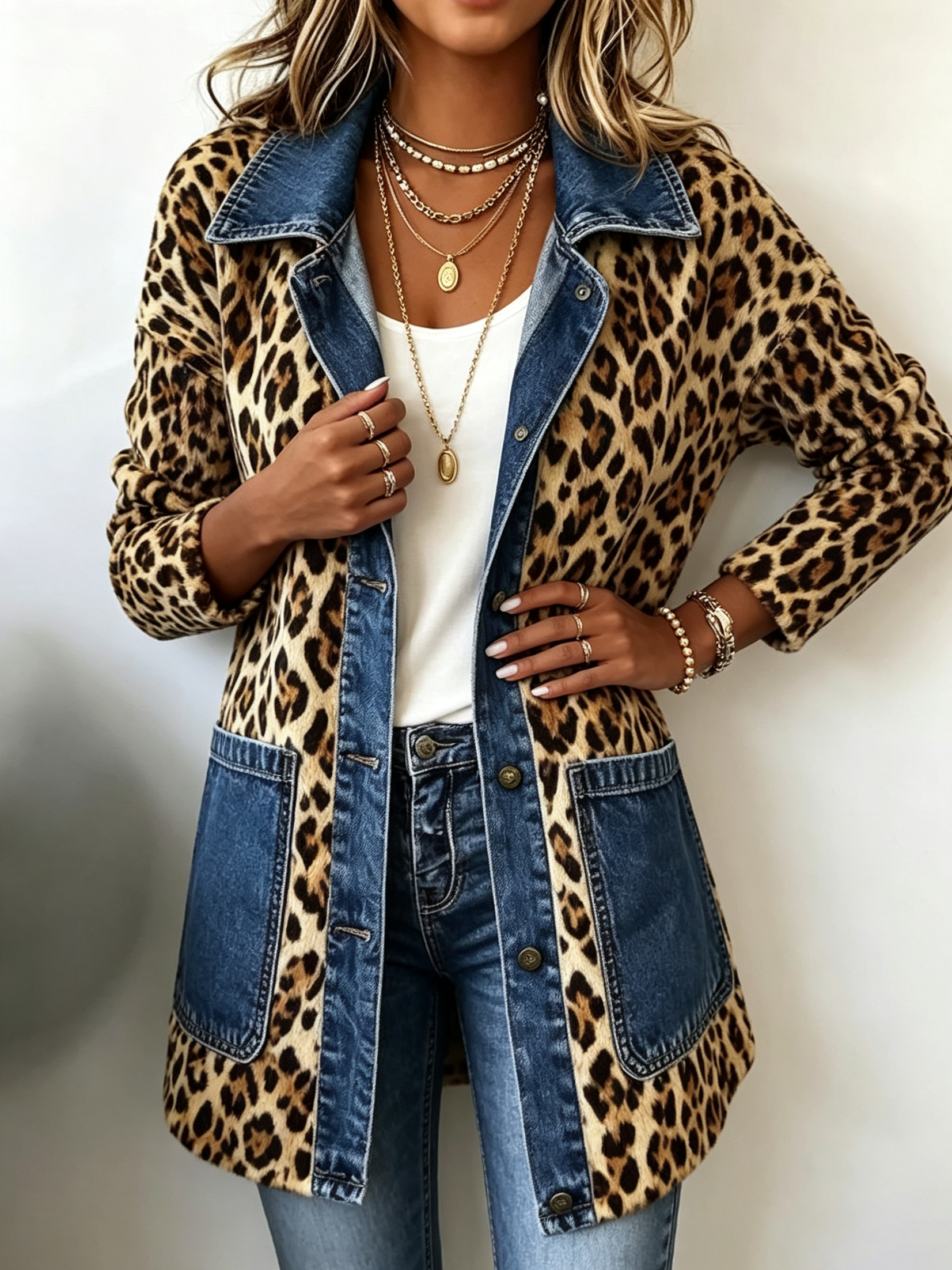 Liana – Long Leopard Print Denim Jacket