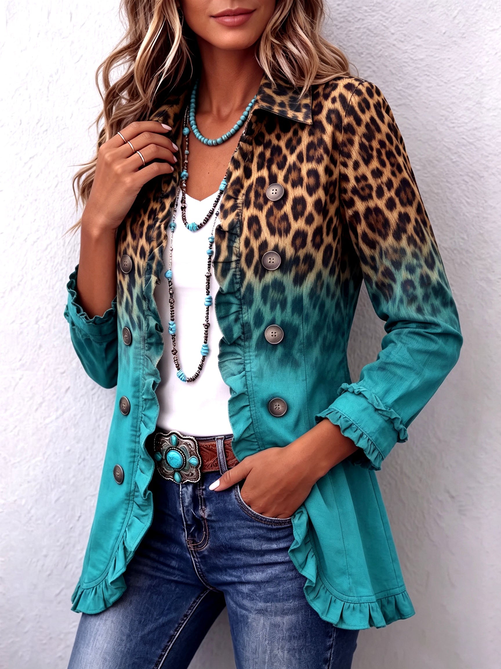 Brianna – Gradient Leopard Print Frill Blazer