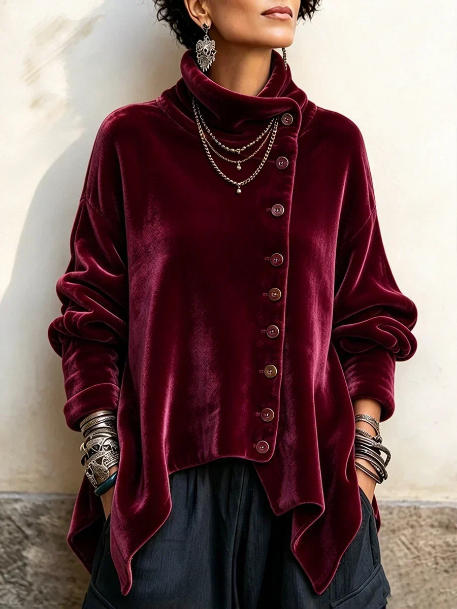 Finley – Velvet Asymmetric Button Top