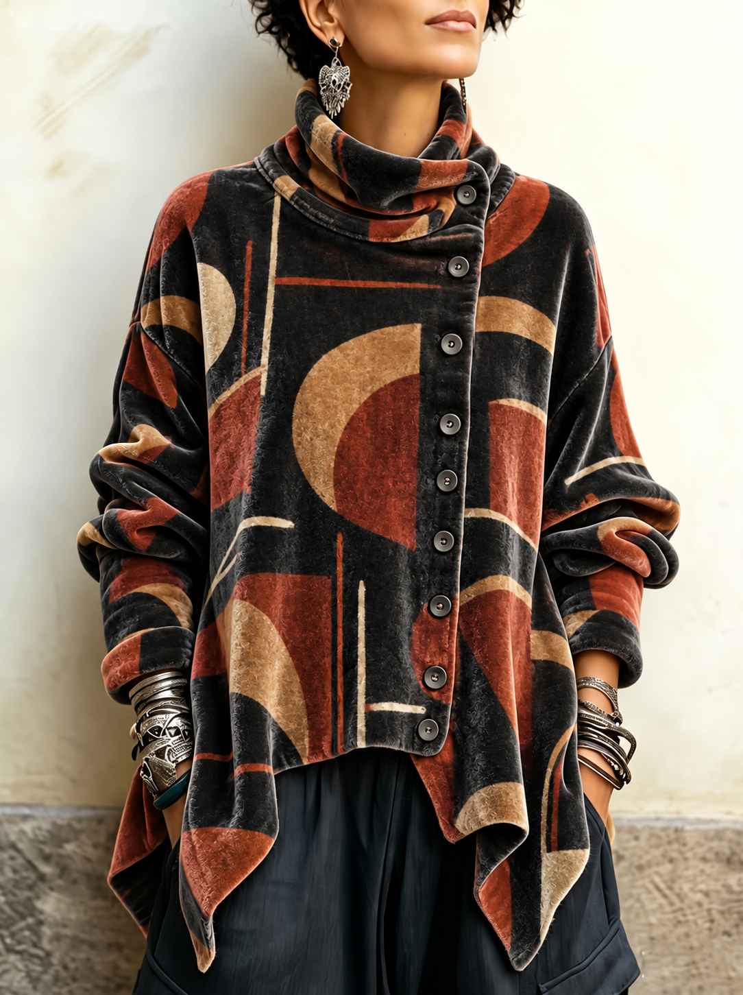 Noa - Artisan Abstract Velvet Button Tunic Top