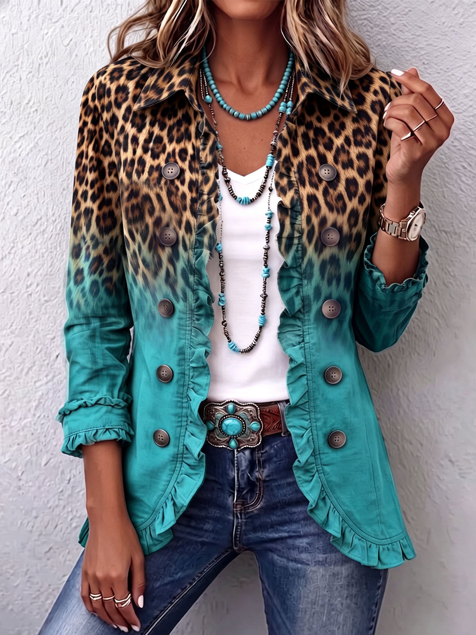 Brianna – Gradient Leopard Print Frill Blazer