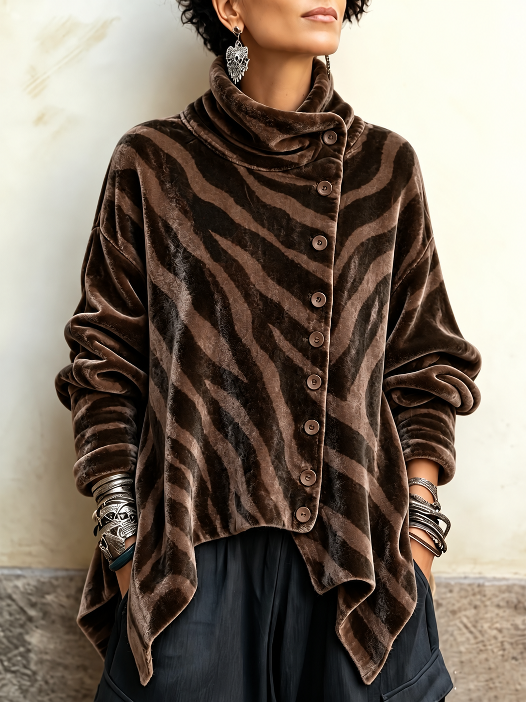 Ariel - Mocha Brown Animal Stripe with Funnel Neck