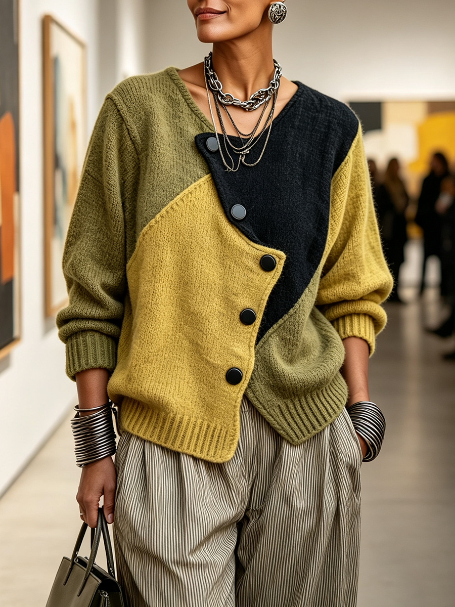 Catherine - Asymmetric Color-Block Knit Sweater