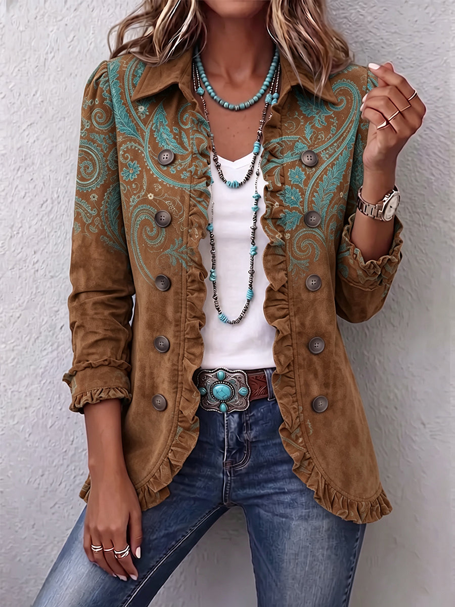 Beth – Caramel and Turquoise Paisley Frill Jacket