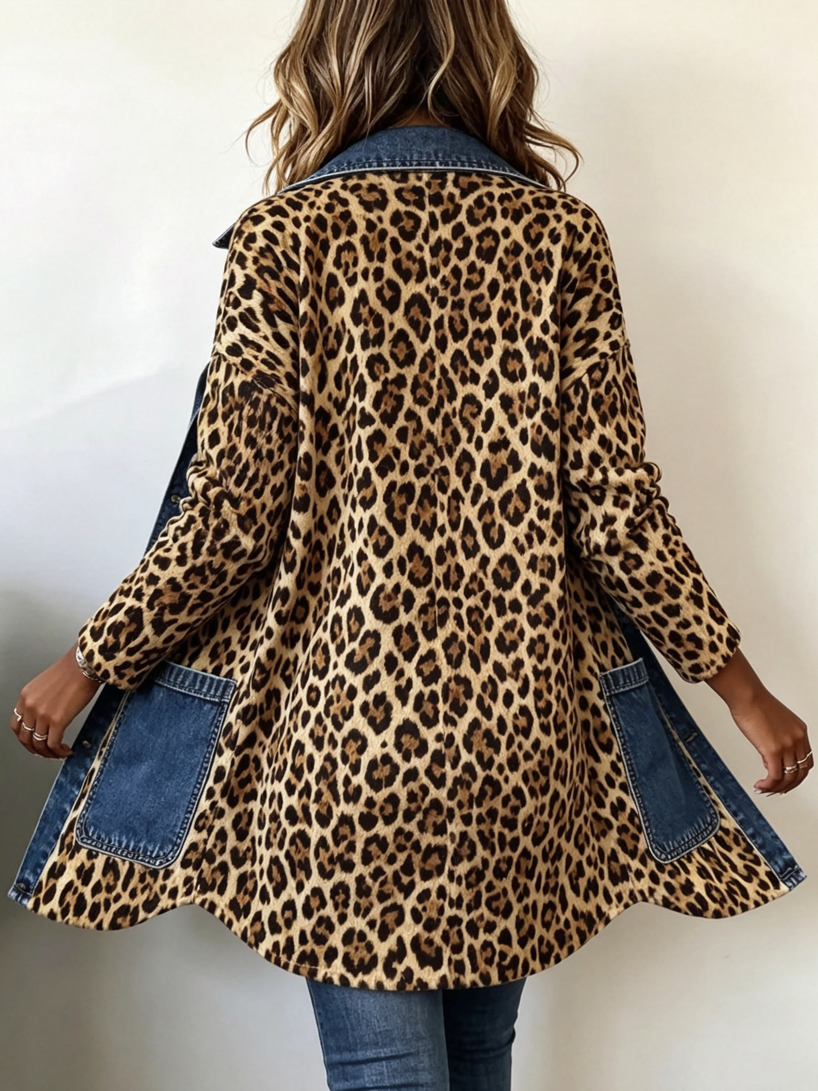 Liana – Long Leopard Print Denim Jacket