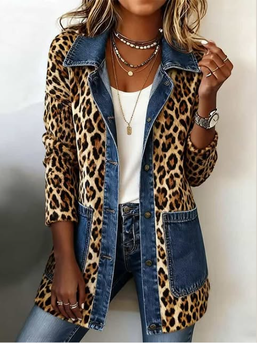 Liana – Long Leopard Print Denim Jacket