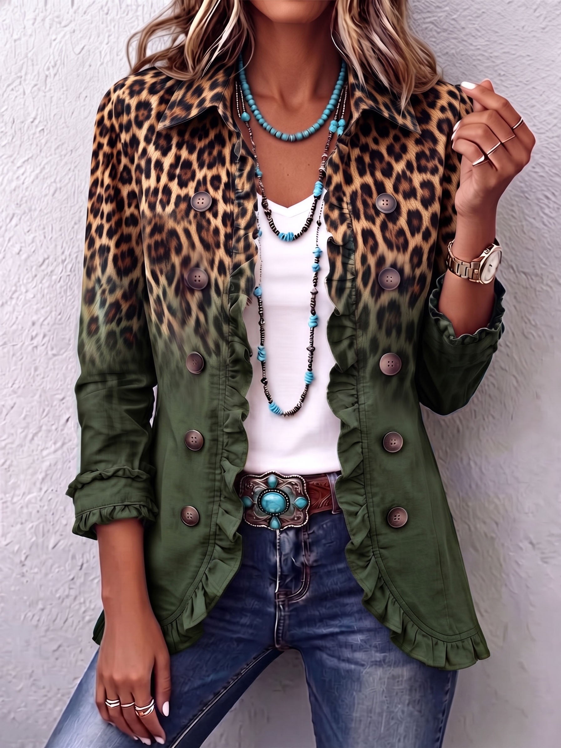 Brianna – Gradient Leopard Print Frill Blazer