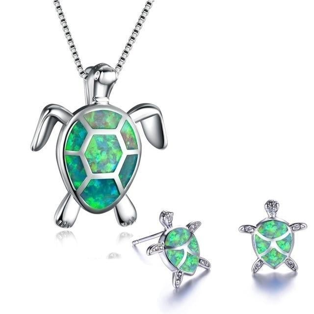 Ruth – Set of Necklace and Earrings Sea Turtle with Opal