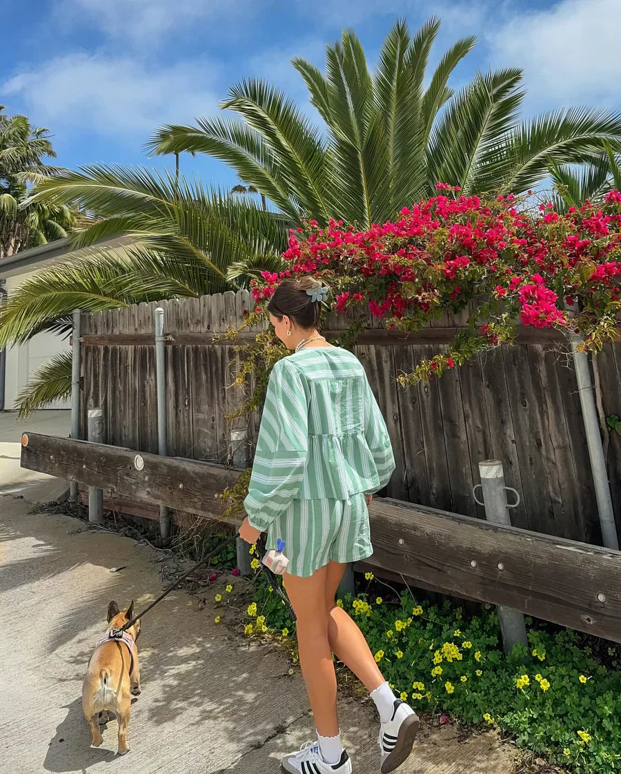 Arizza – Striped Summer Set with Puff Sleeve Top and Shorts Set