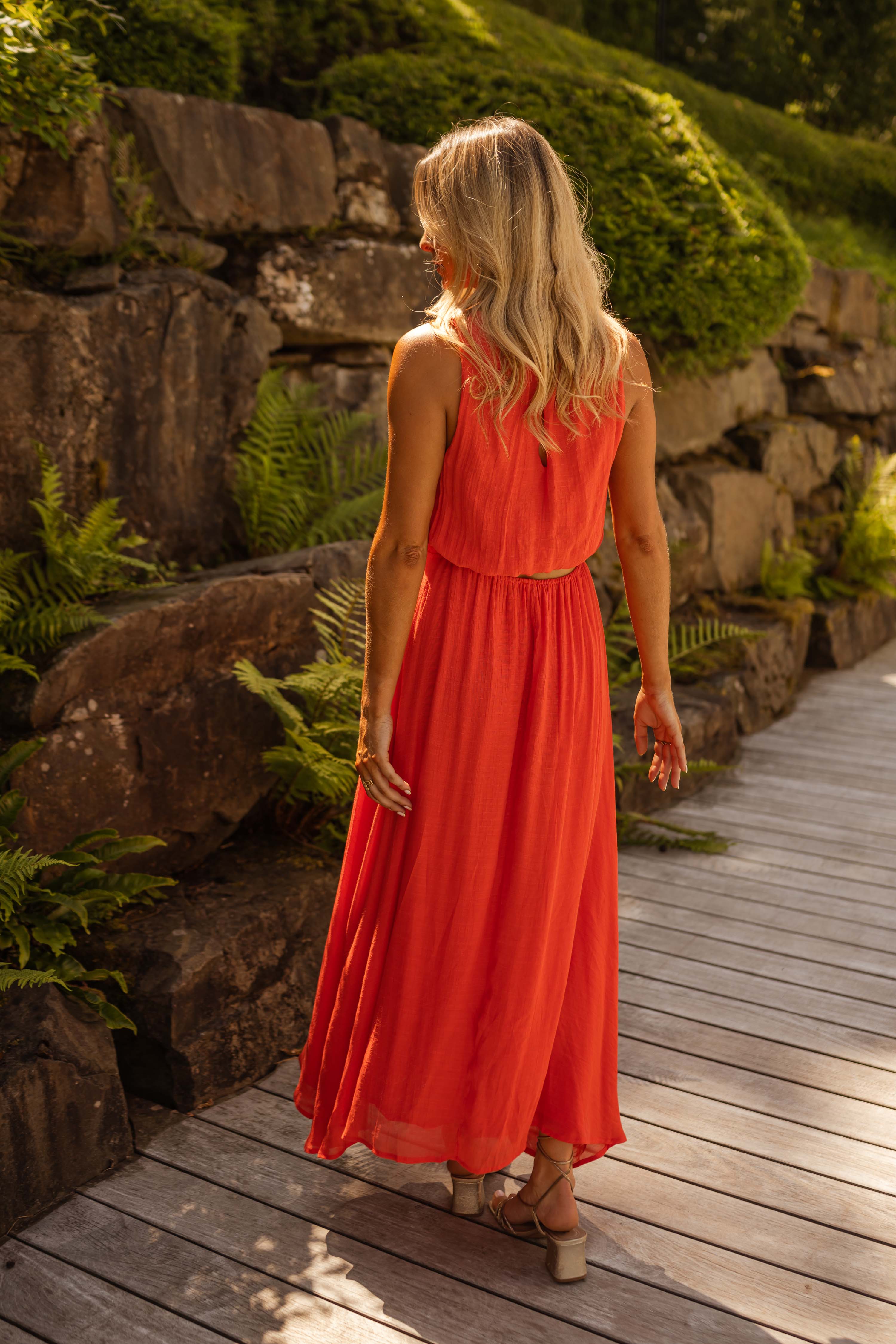 Charlene – Bright Orange Summer Dress with Open Back