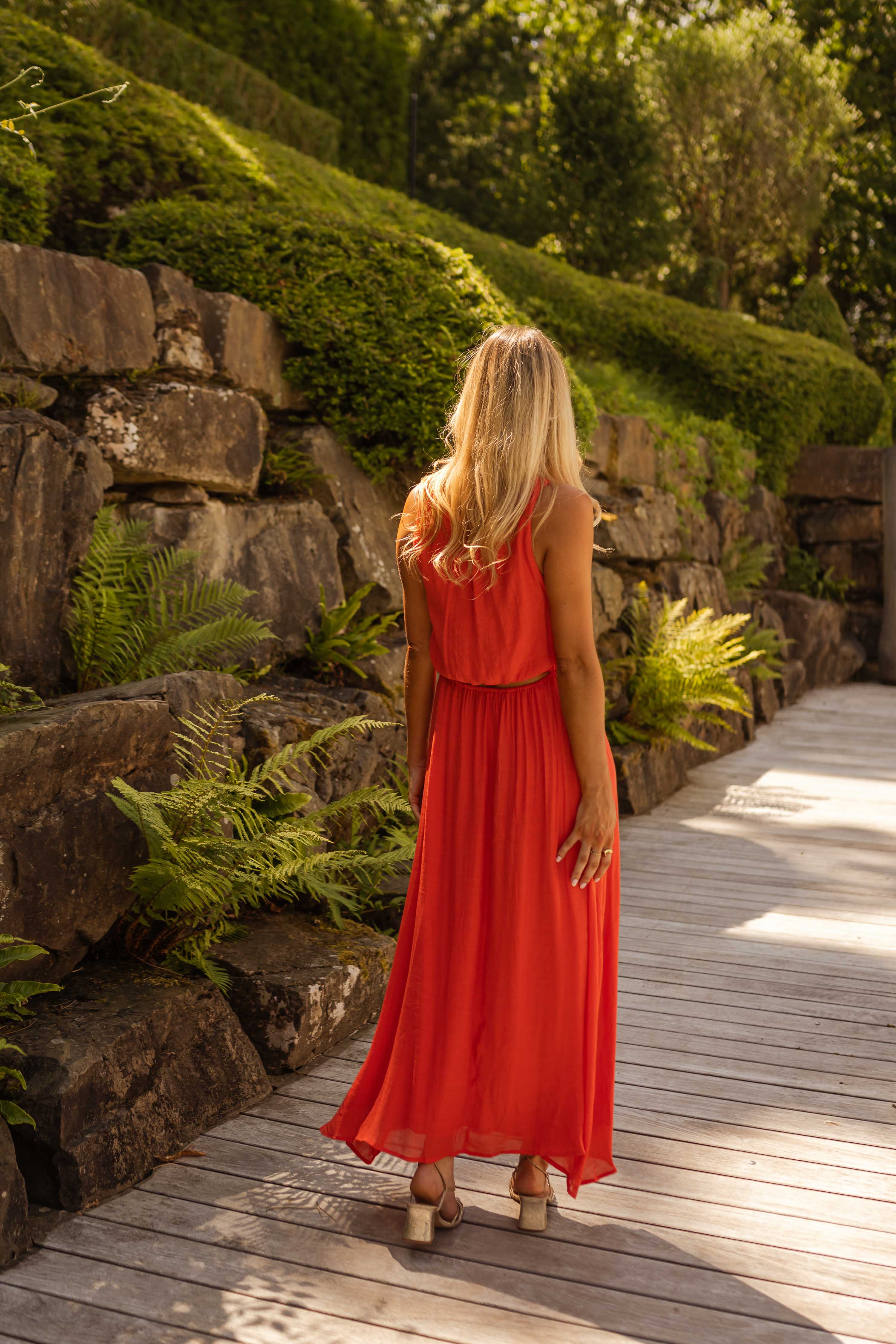 Charlene – Bright Orange Summer Dress with Open Back
