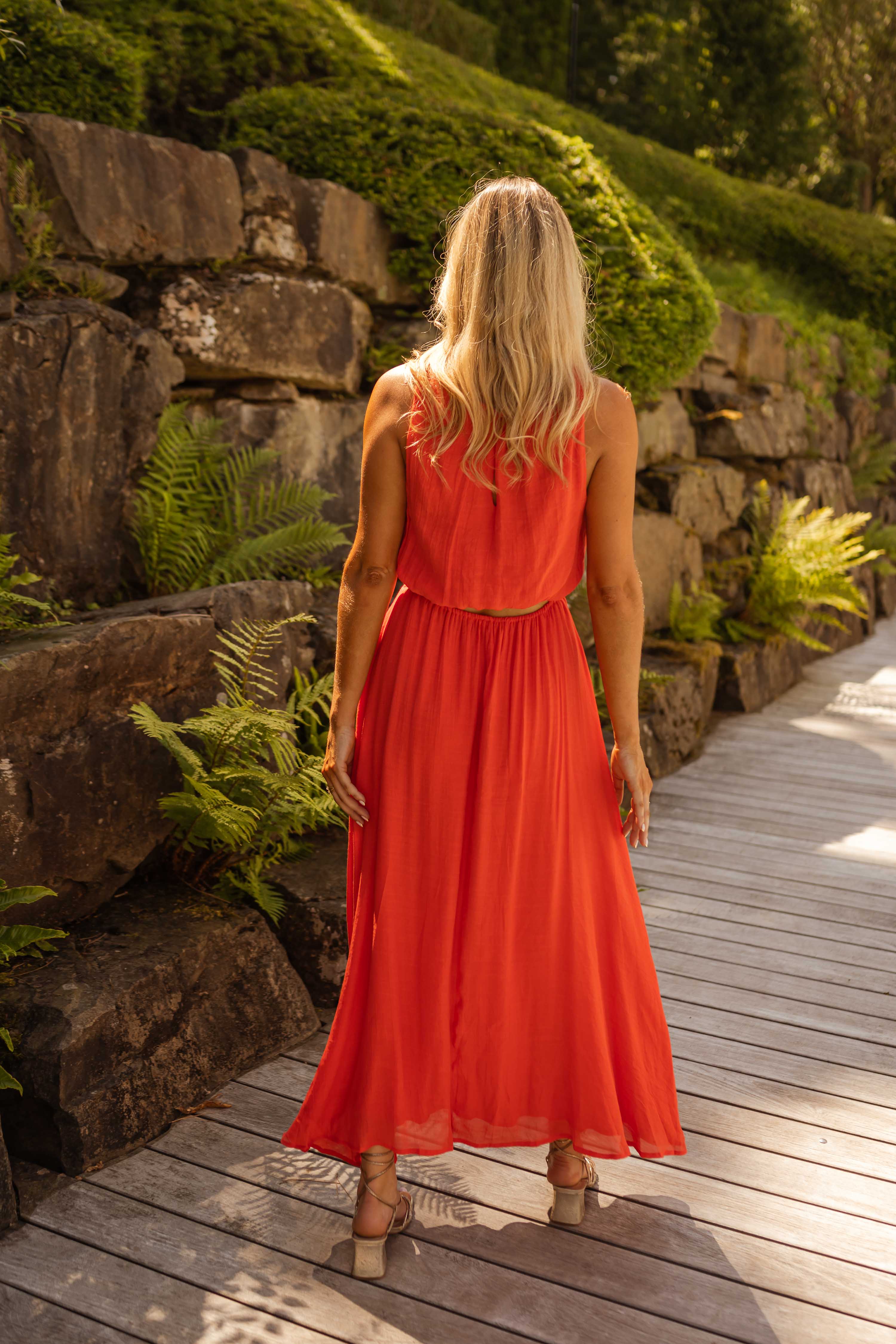 Charlene – Bright Orange Summer Dress with Open Back