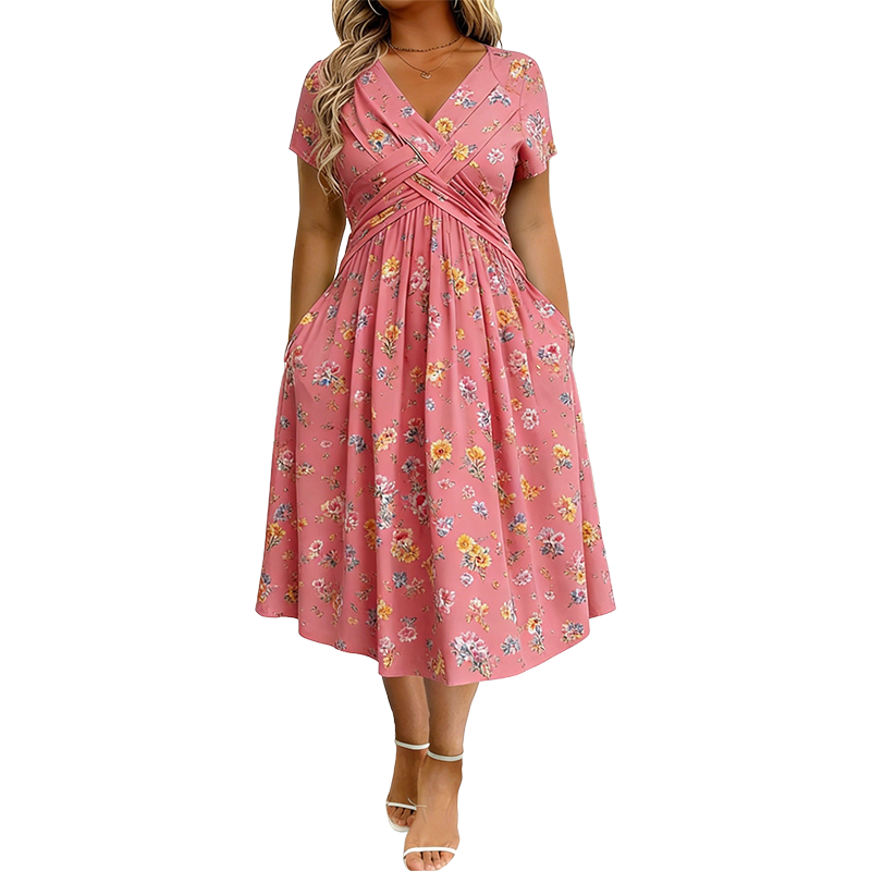 Elvie - Floral V-Neck Twist-Waist Dress