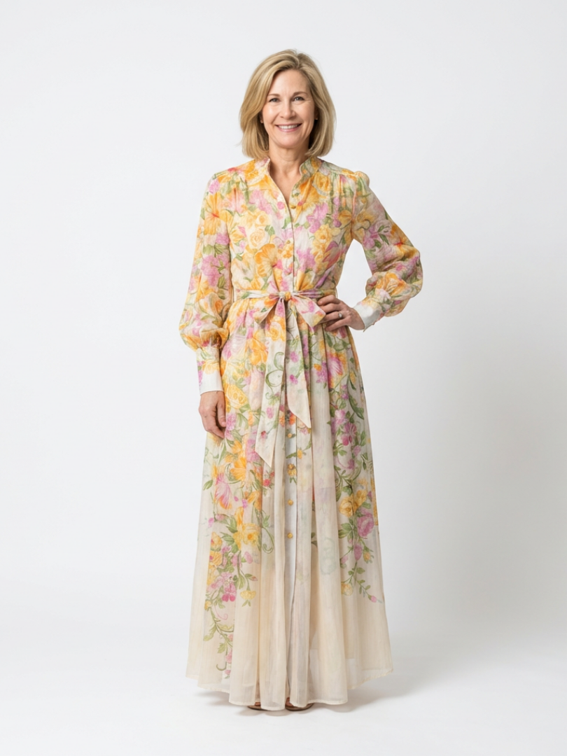 Cessy - Floral Sheer Long Sleeve Maxi Dress